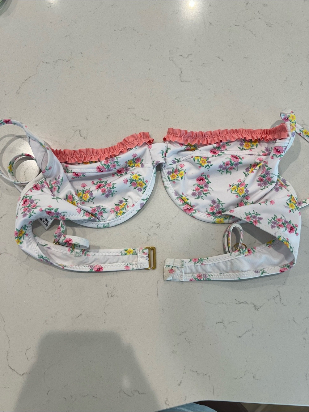 Heavy Manners White Floral Bikini Top with Pink Ruffle Trim